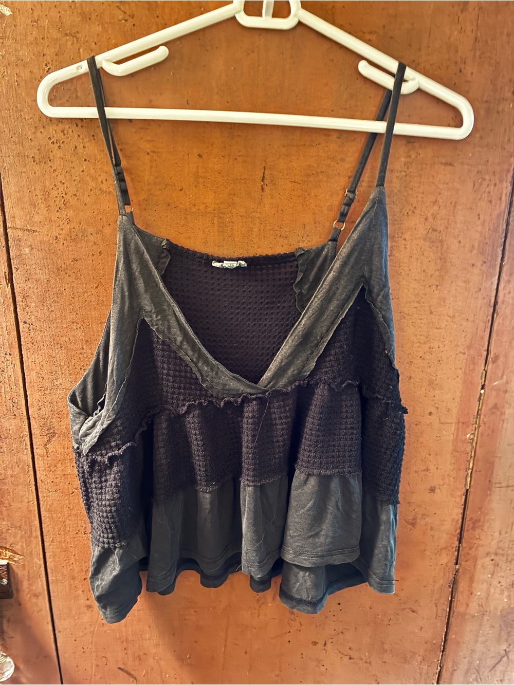 POL Black Layered Waffle-Panel Cami with Ruffle Hem